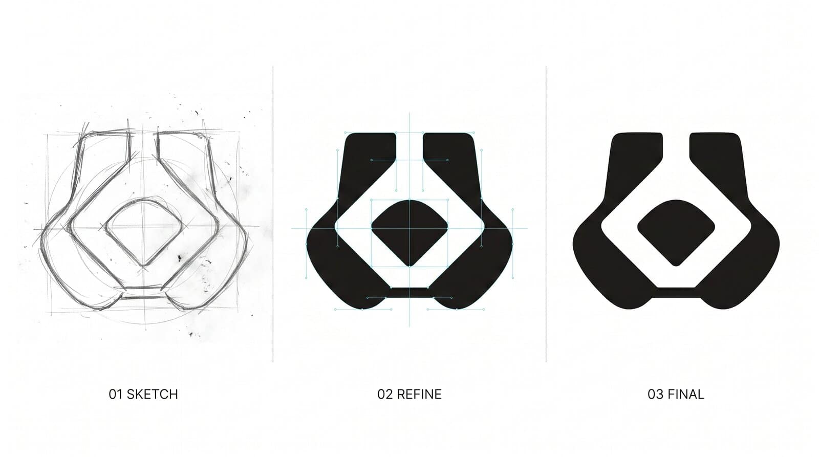 Logo development in three stages: sketch, refined geometry, final mark