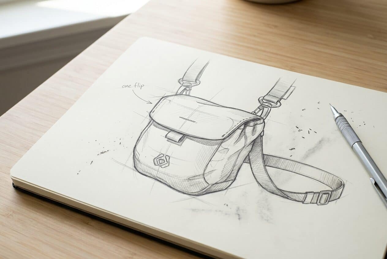 Notebook sketch of the treat bag, annotated 'one flip'