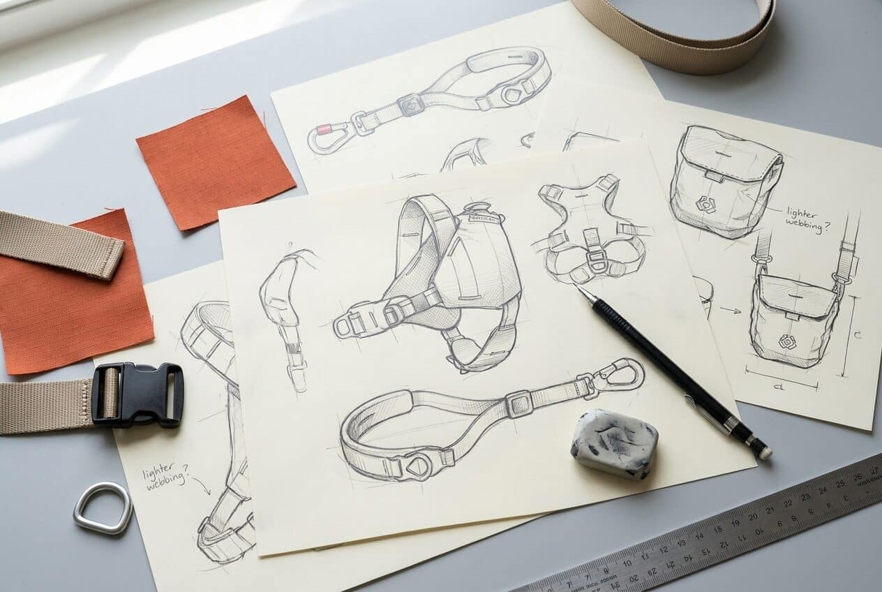 Design table covered in harness sketches, webbing samples, and hardware