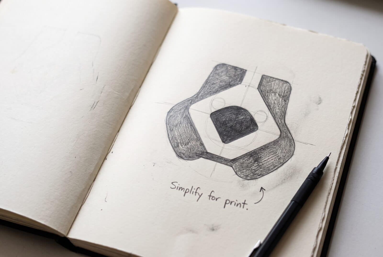 Notebook page with a pencil study of the logo, annotated 'simplify for print'