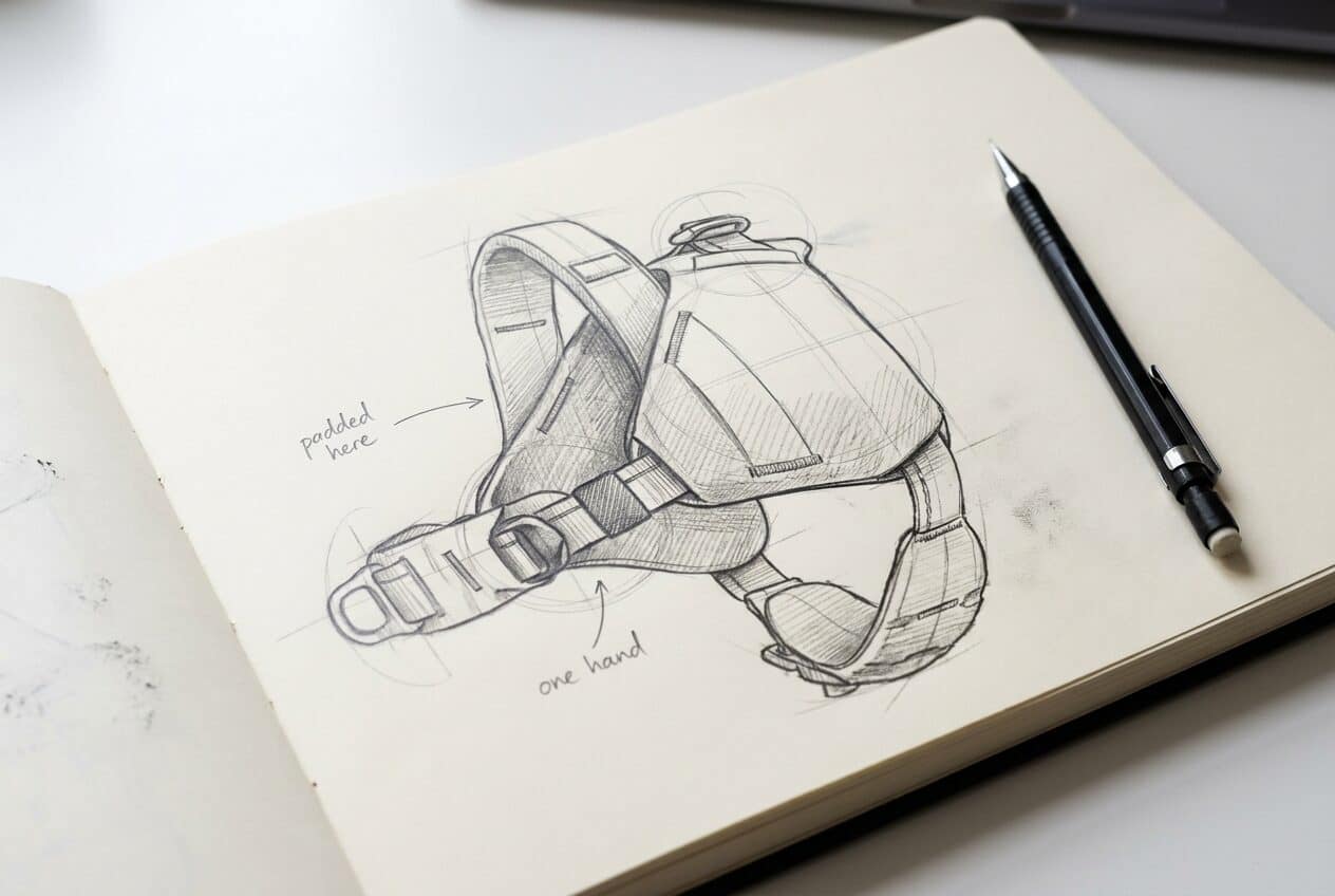 Notebook sketch of the harness annotated 'padded here' and 'one hand'
