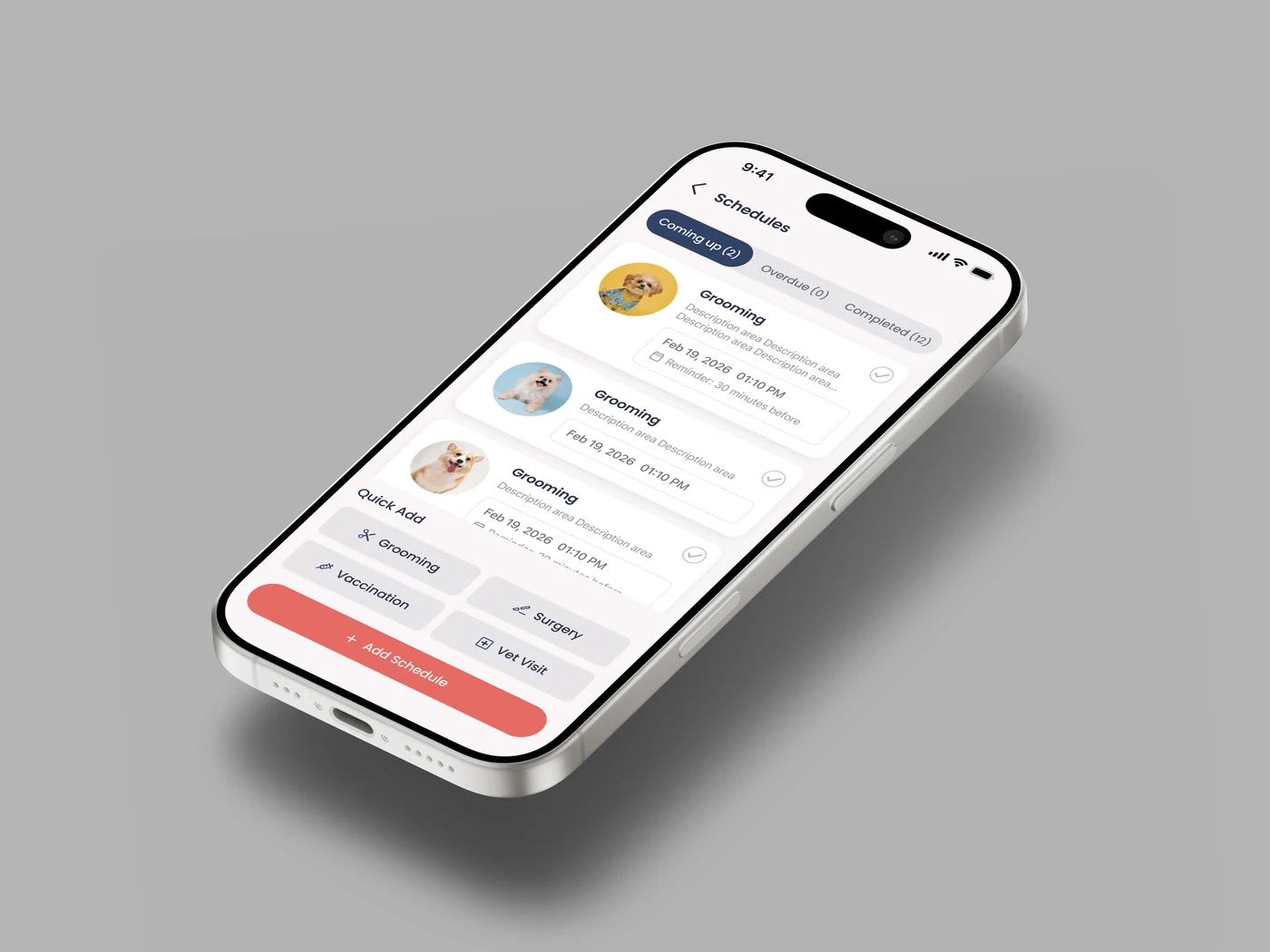Gentle Wuff app — Schedules screen tracking grooming, vaccinations, and vet visits with reminders