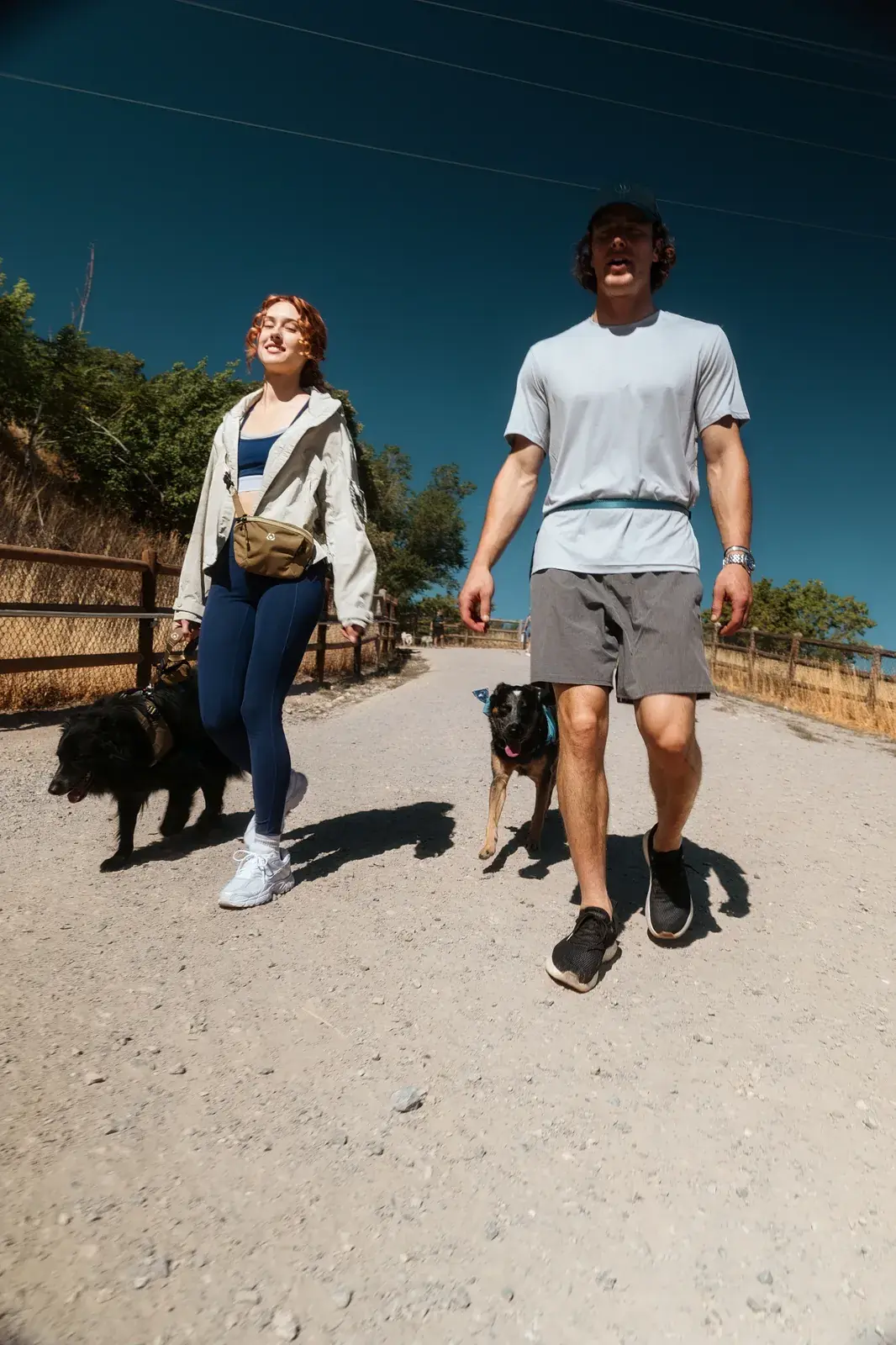 Couple walking two black dogs down a ranch road, one wearing a Grove crossbody bag